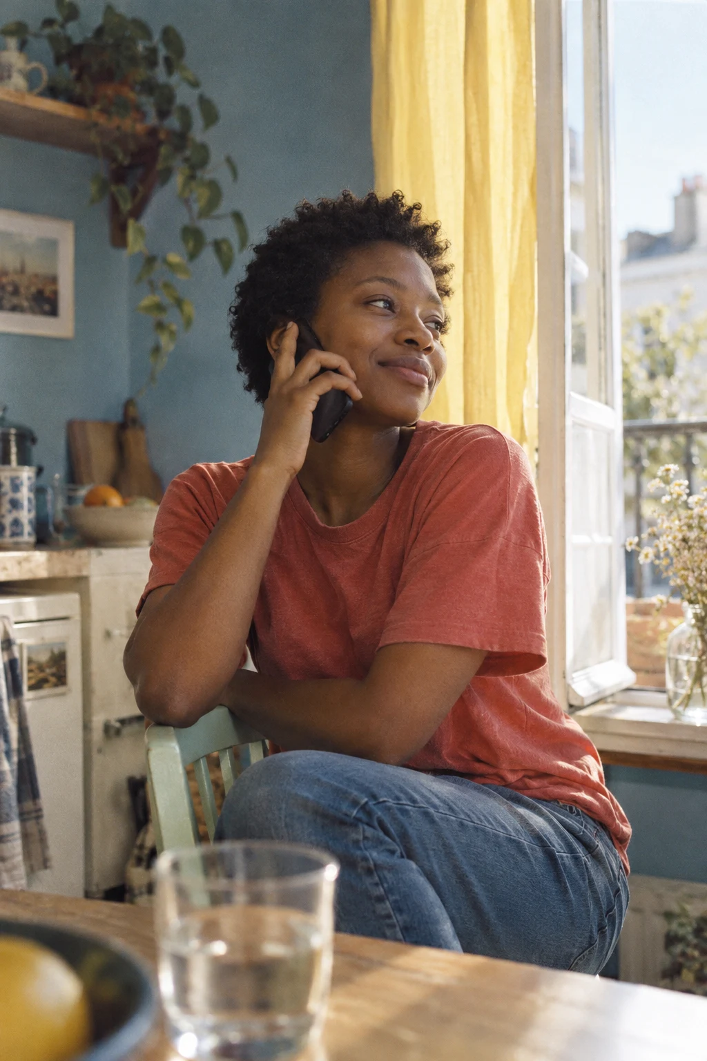 A woman taking a phone call on a city street